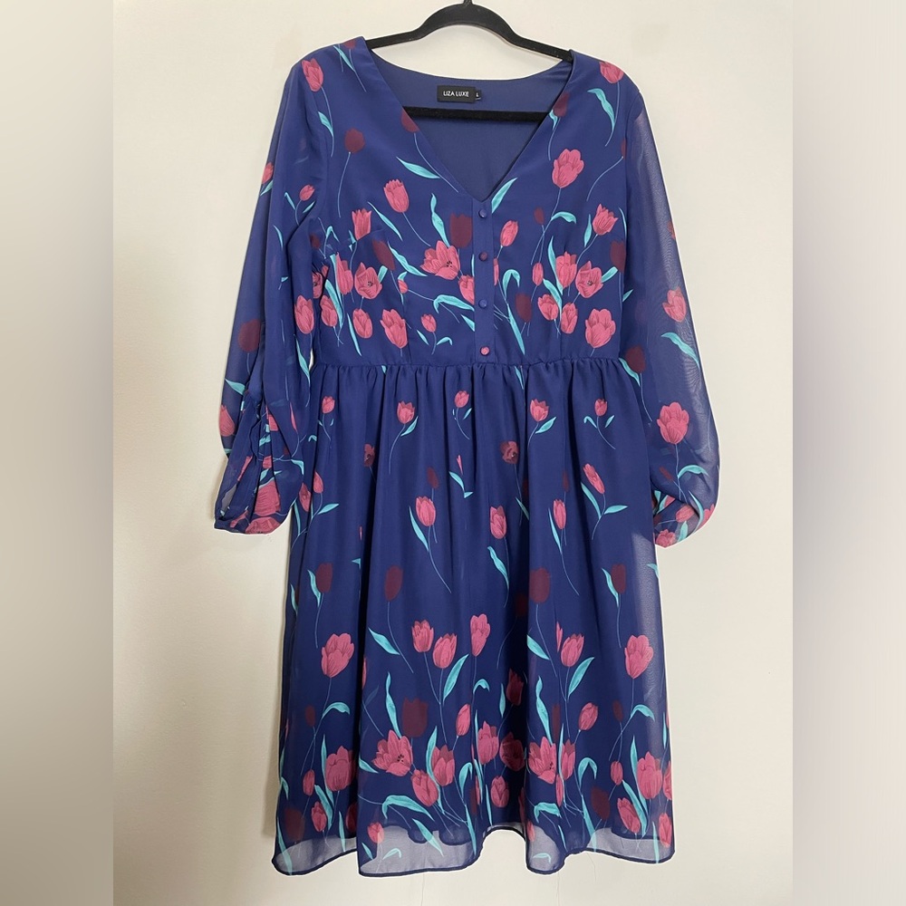 Liza Luxe Floral V-Neck A-Line Mini Dress‎ - L